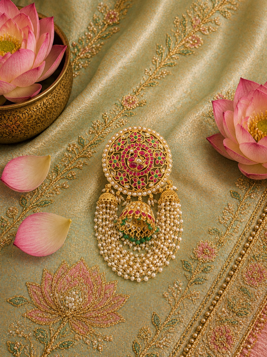 Product Title Antique Bridal Hair Brooch with Pearl Tassels & Jhumki Drops | Matte Gold Plating