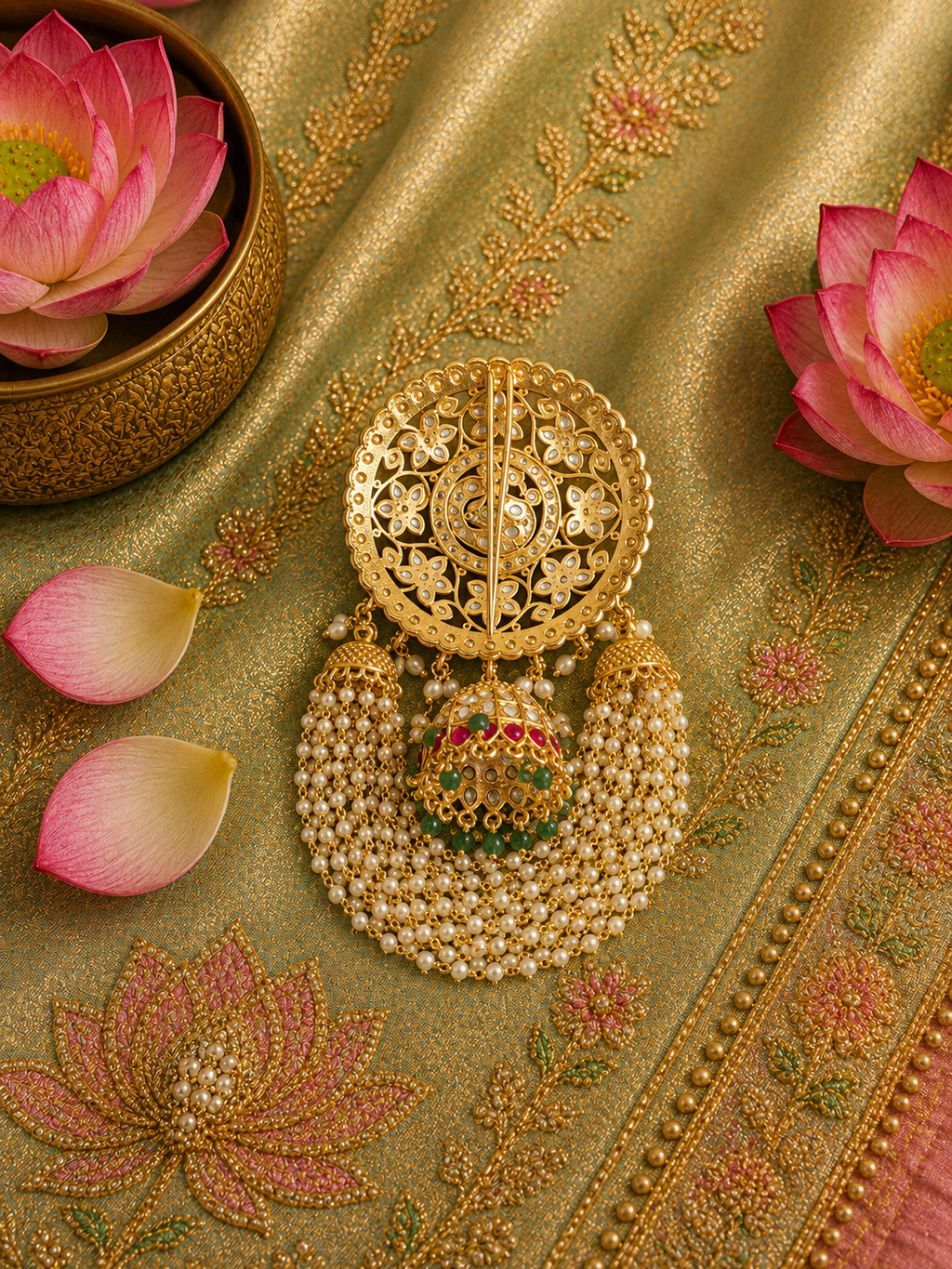 Product Title Antique Bridal Hair Brooch with Pearl Tassels & Jhumki Drops | Matte Gold Plating