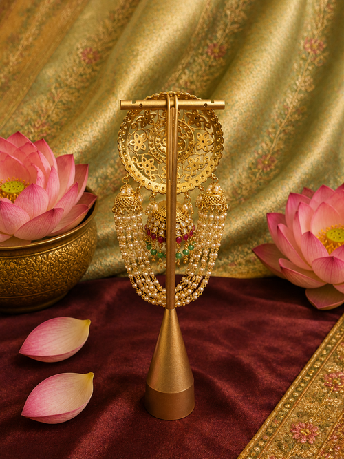 Antique Bridal Hair Brooch with Pearl Tassels & Jhumki Drops | Matte Gold Plating