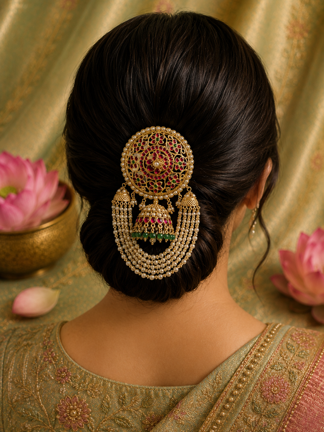 Product Title Antique Bridal Hair Brooch with Pearl Tassels & Jhumki Drops | Matte Gold Plating