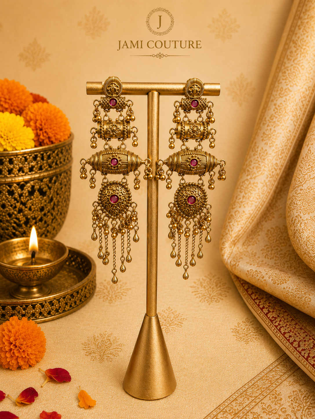Antique Long Tiered Chandelier Earrings with Ruby Stone Accents