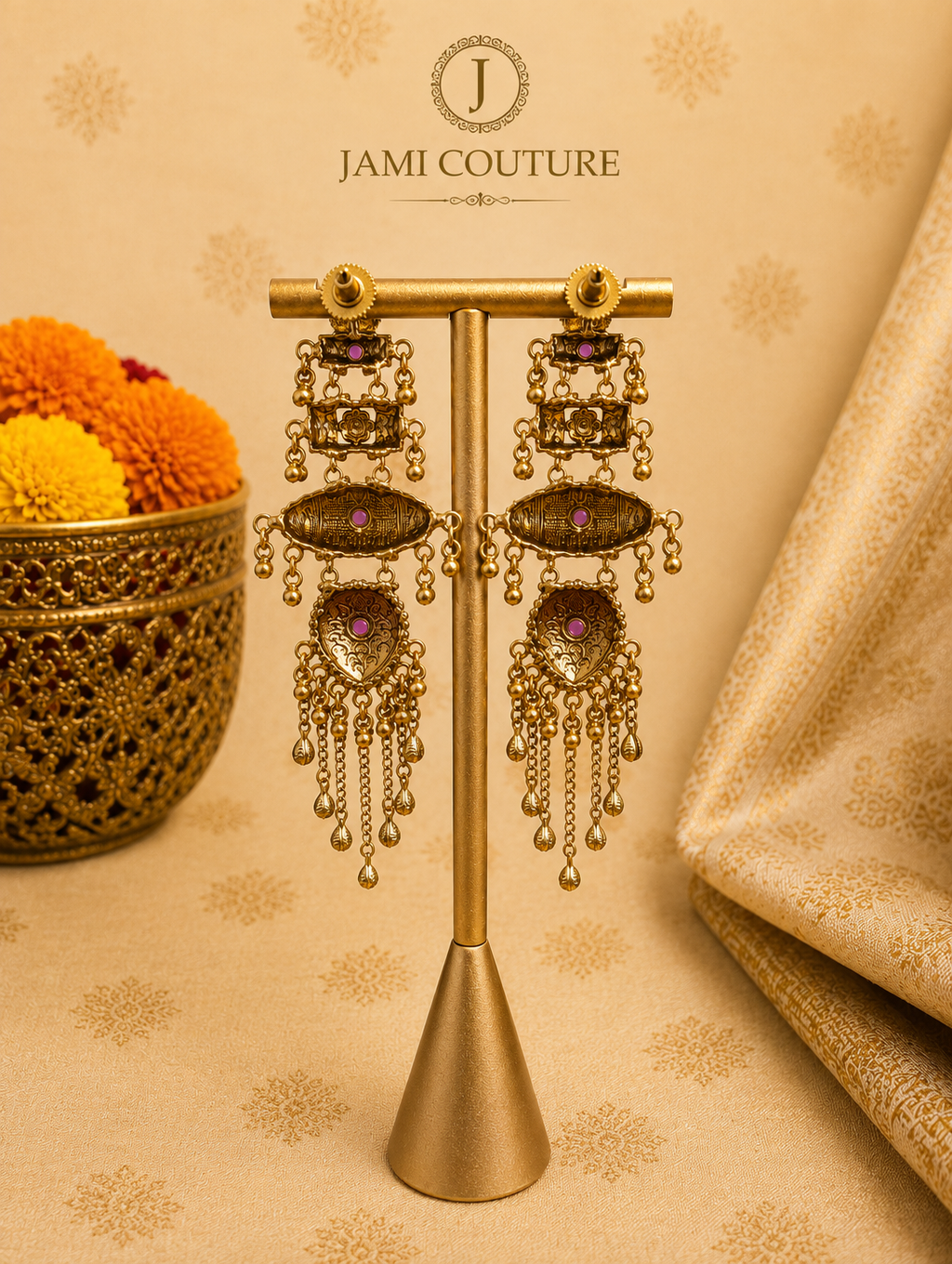 Antique Long Tiered Chandelier Earrings with Ruby Stone Accents