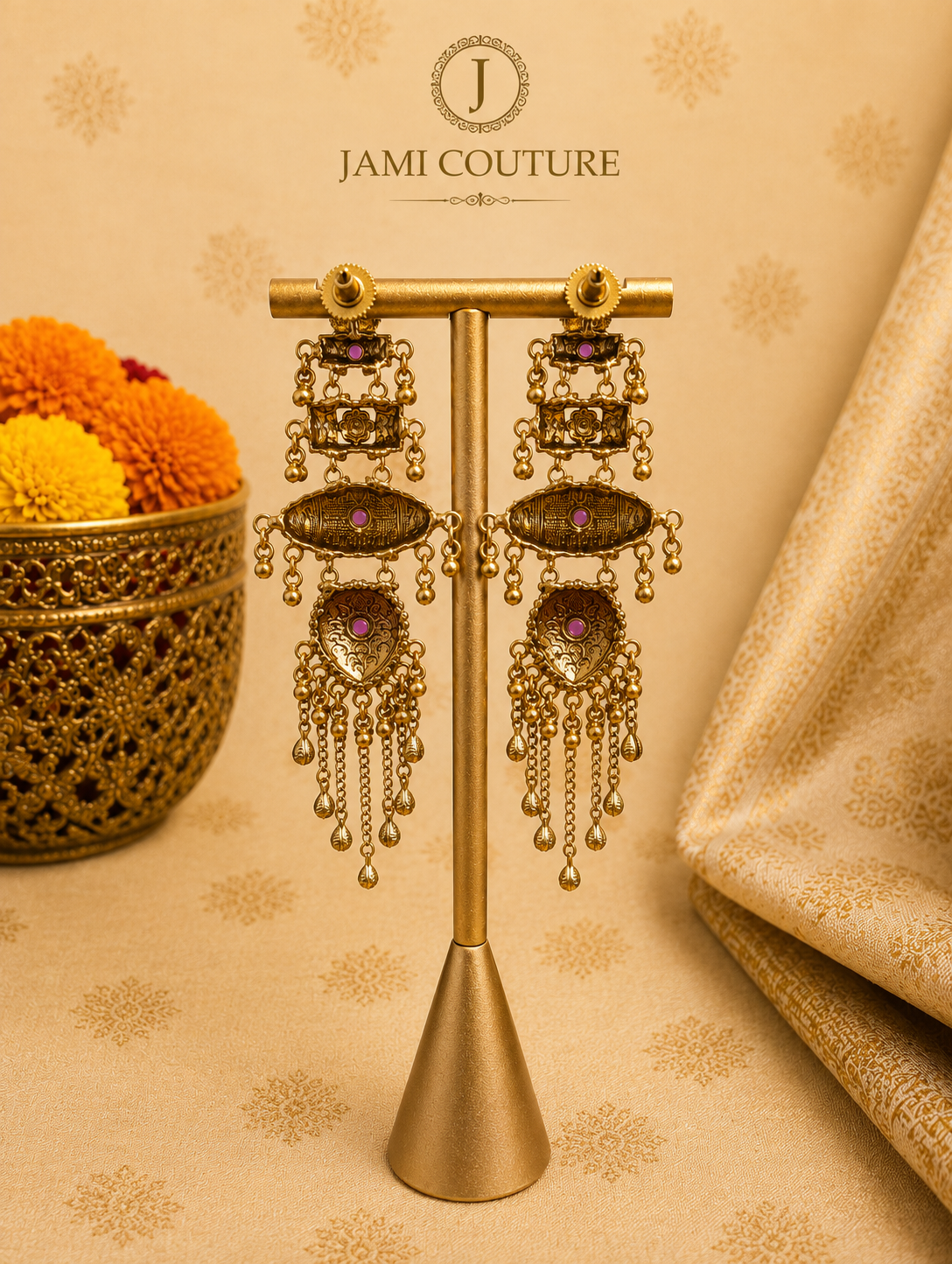 Antique Long Tiered Chandelier Earrings with Ruby Stone Accents
