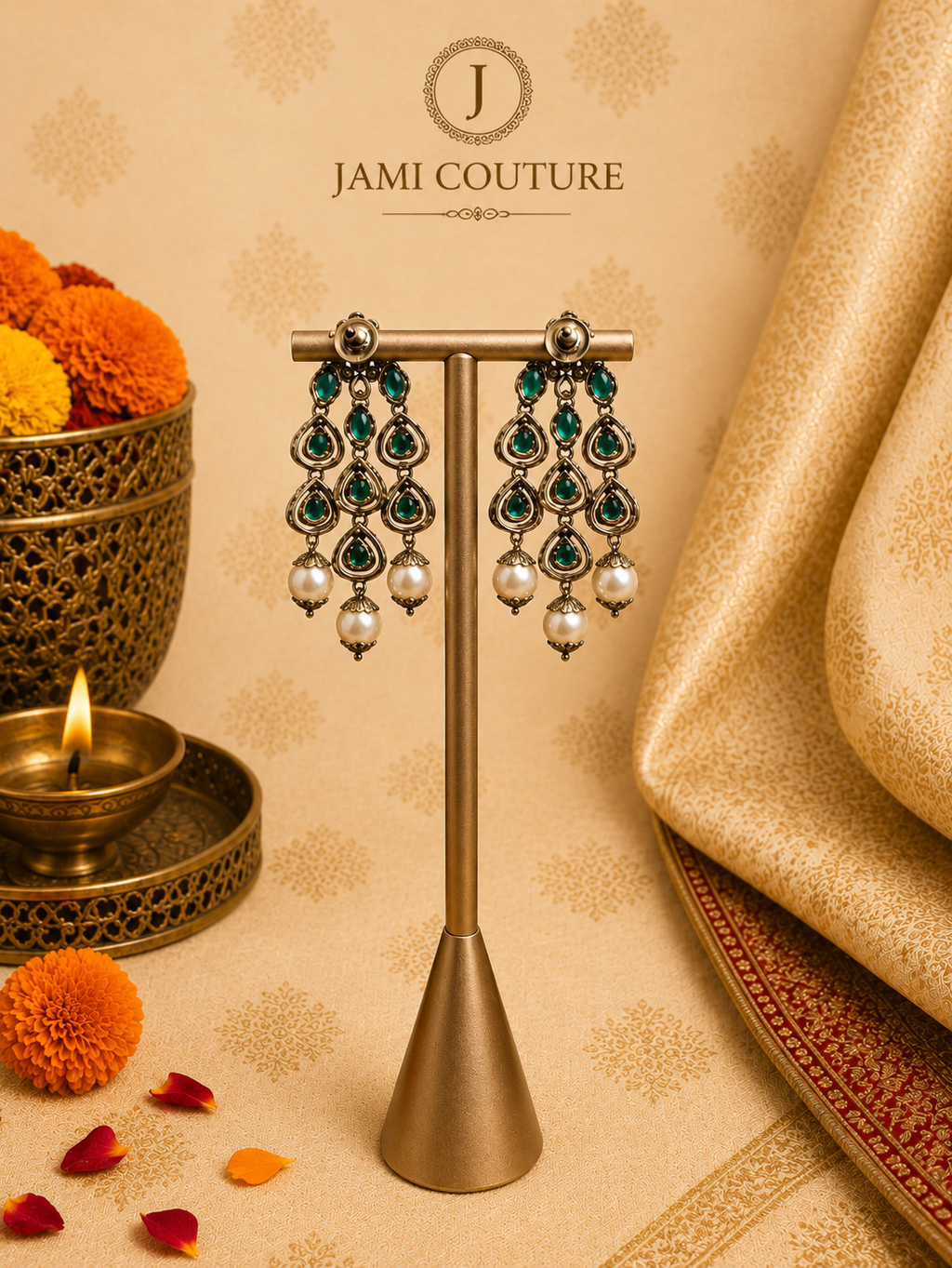 Antique Chandbali Drop Earrings with Kundan & Pearl Tassels