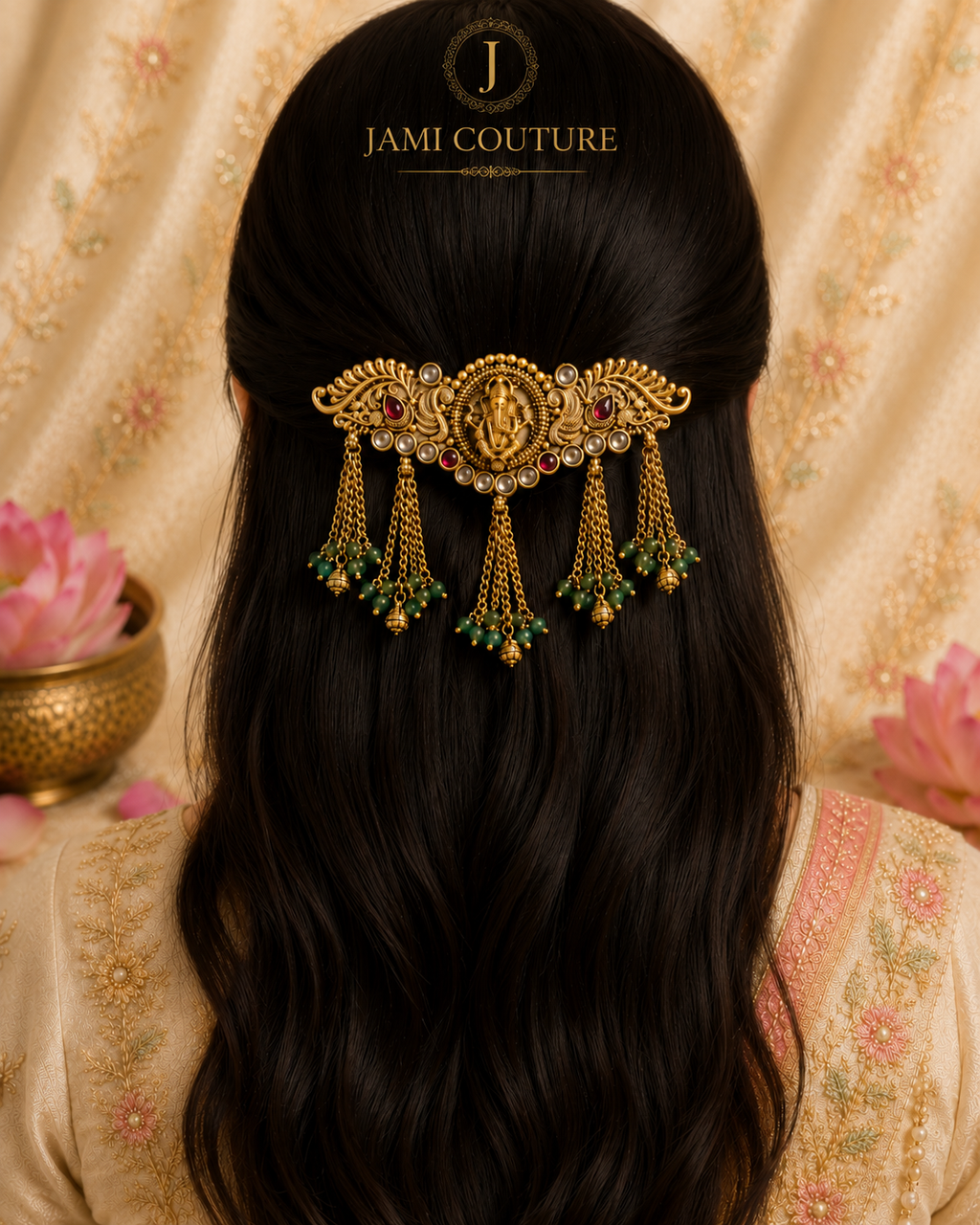 Antique Temple Ganesha Hair Clip with Peacock Motif & Green Bead Tassels | Gold Plating