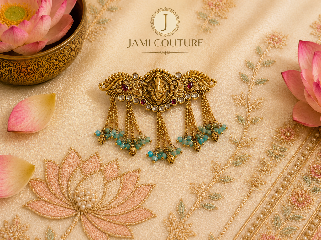 Antique Temple Ganesha Hair Clip with Peacock Motif & Green Bead Tassels | Gold Plating