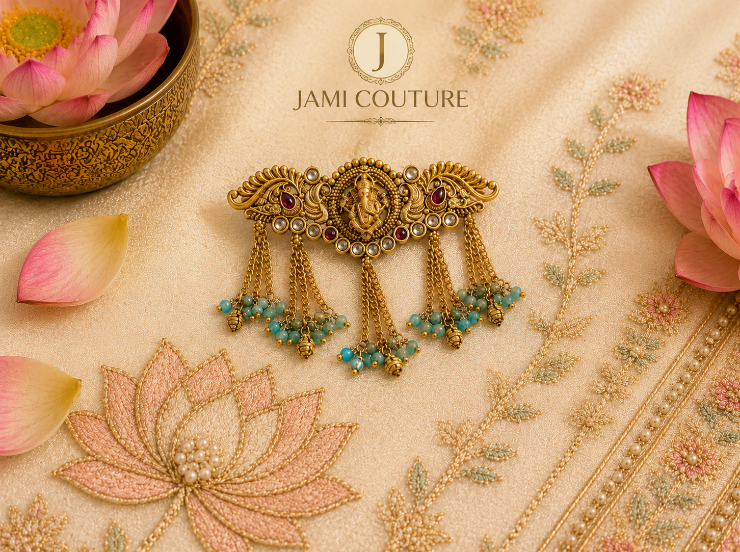 Antique Temple Ganesha Hair Clip with Peacock Motif & Green Bead Tassels | Gold Plating