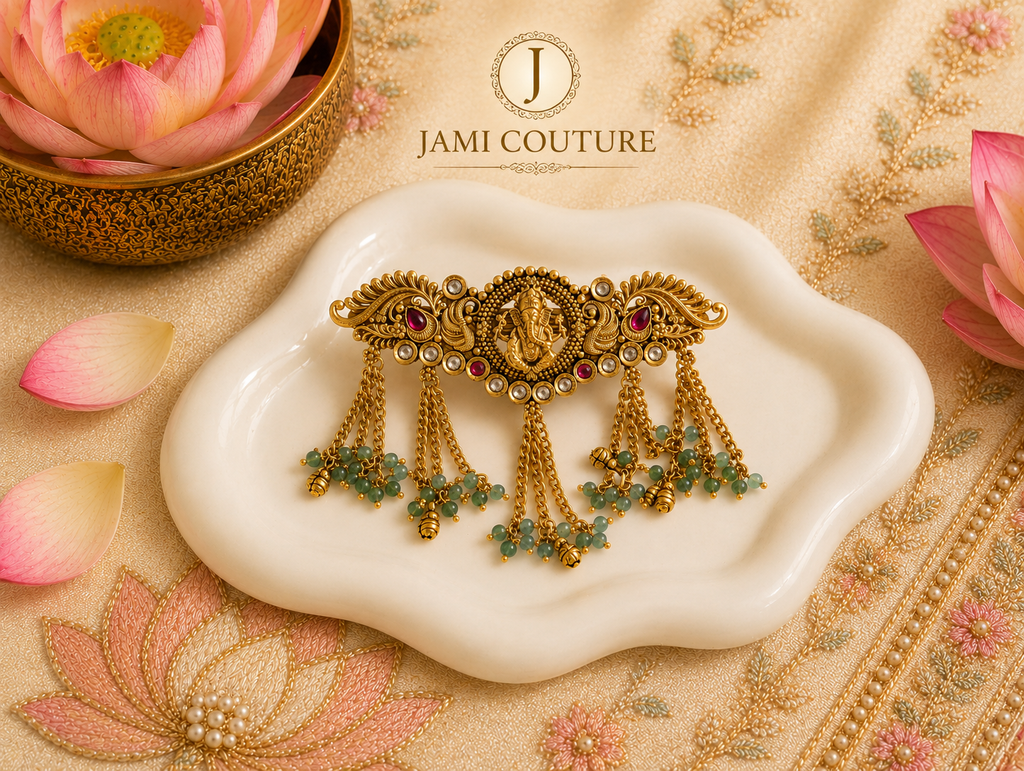Antique Temple Ganesha Hair Clip with Peacock Motif & Green Bead Tassels | Gold Plating