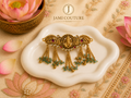 Antique Temple Ganesha Hair Clip with Peacock Motif & Green Bead Tassels | Gold Plating