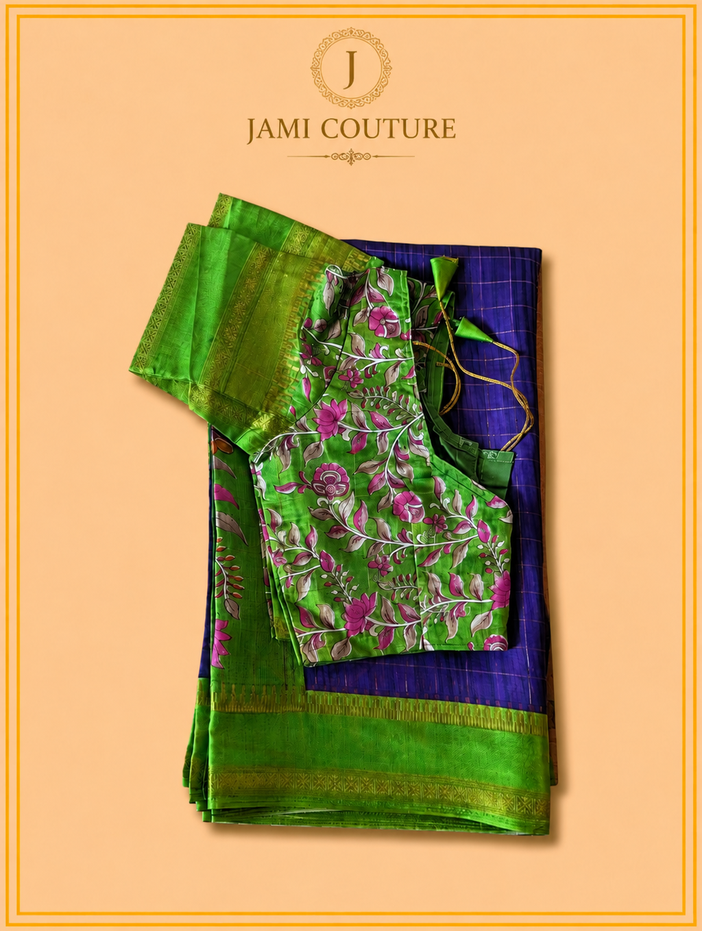 Purple & Green Handloom Saree with Kalamkari Print Pallu | Green Floral Blouse