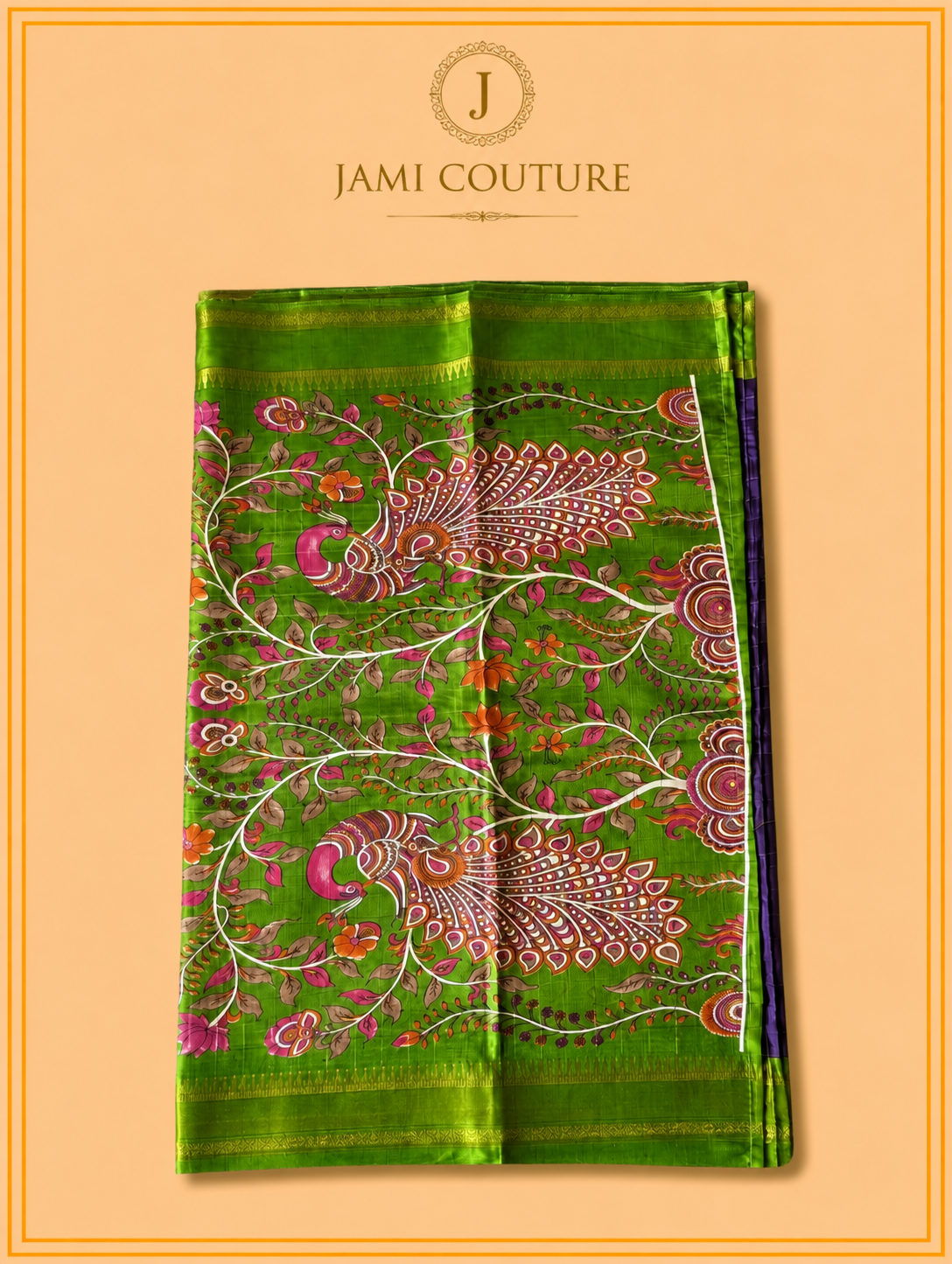 Purple & Green Handloom Saree with Kalamkari Print Pallu | Green Floral Blouse