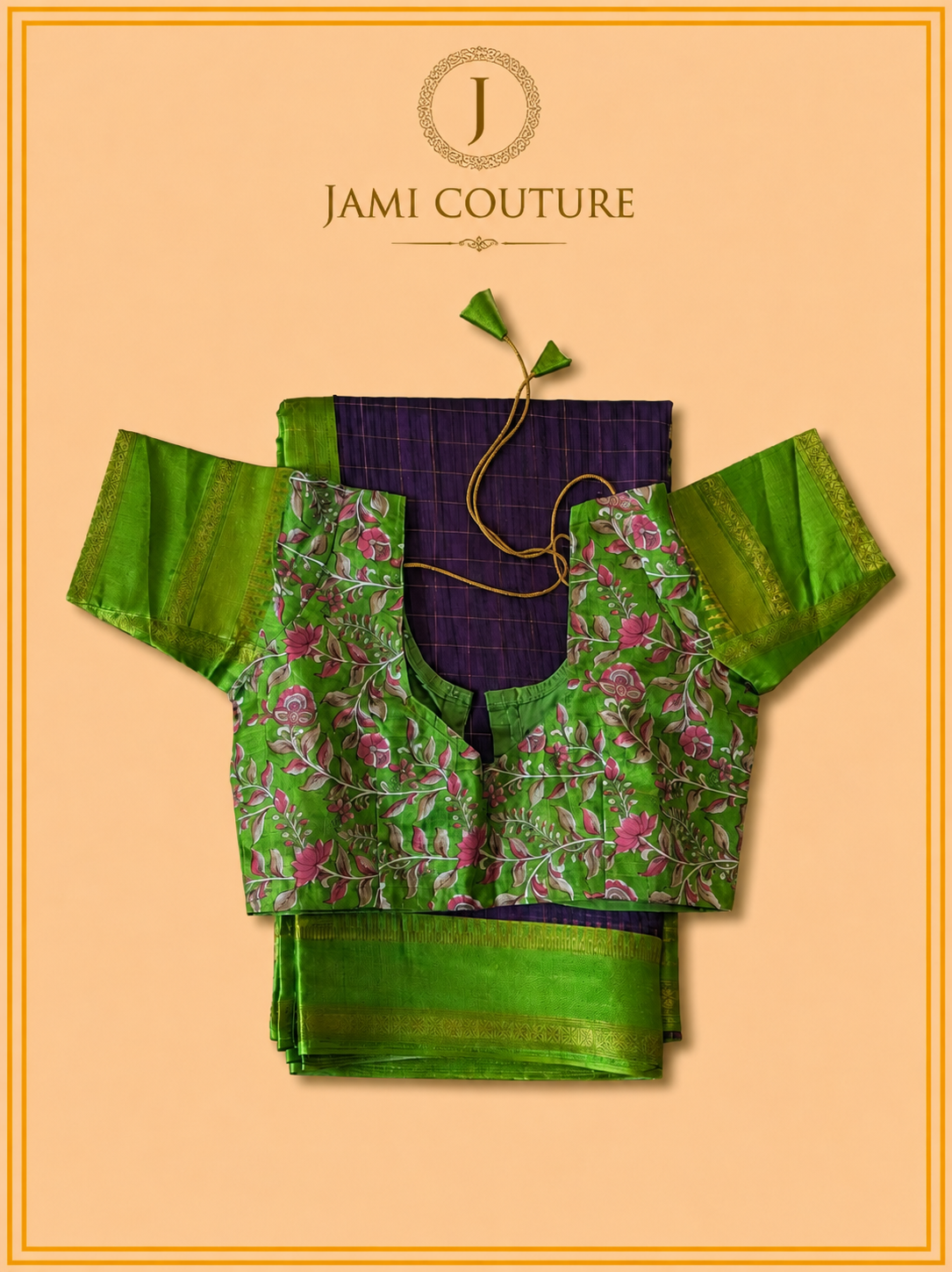 Purple & Green Handloom Saree with Kalamkari Print Pallu | Green Floral Blouse