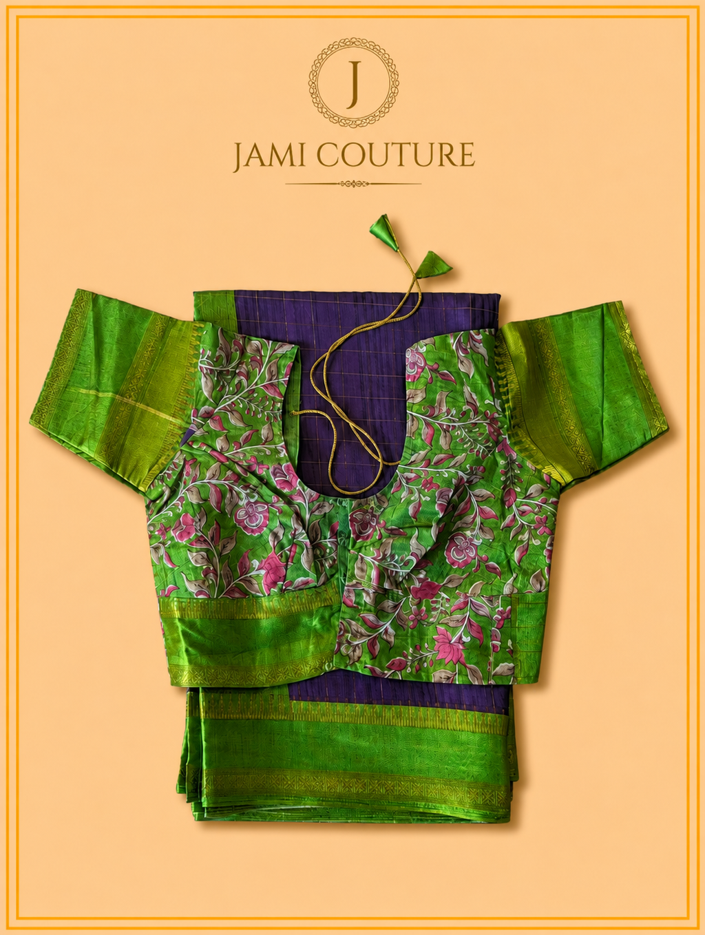 Purple & Green Handloom Saree with Kalamkari Print Pallu | Green Floral Blouse