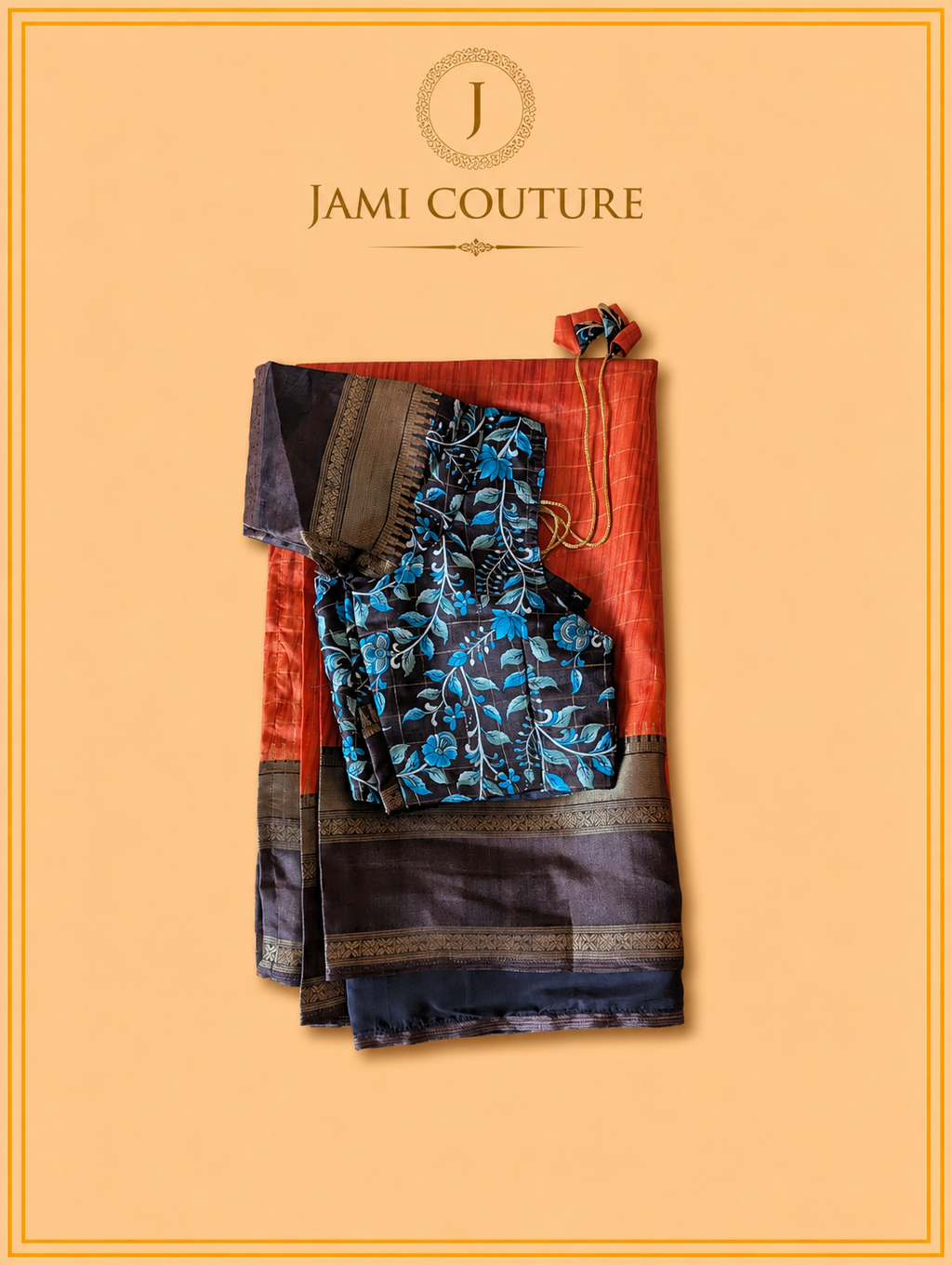 Rust & Dark Brown Handloom Saree with Kalamkari Print Pallu | Dark Brown Floral Blouse