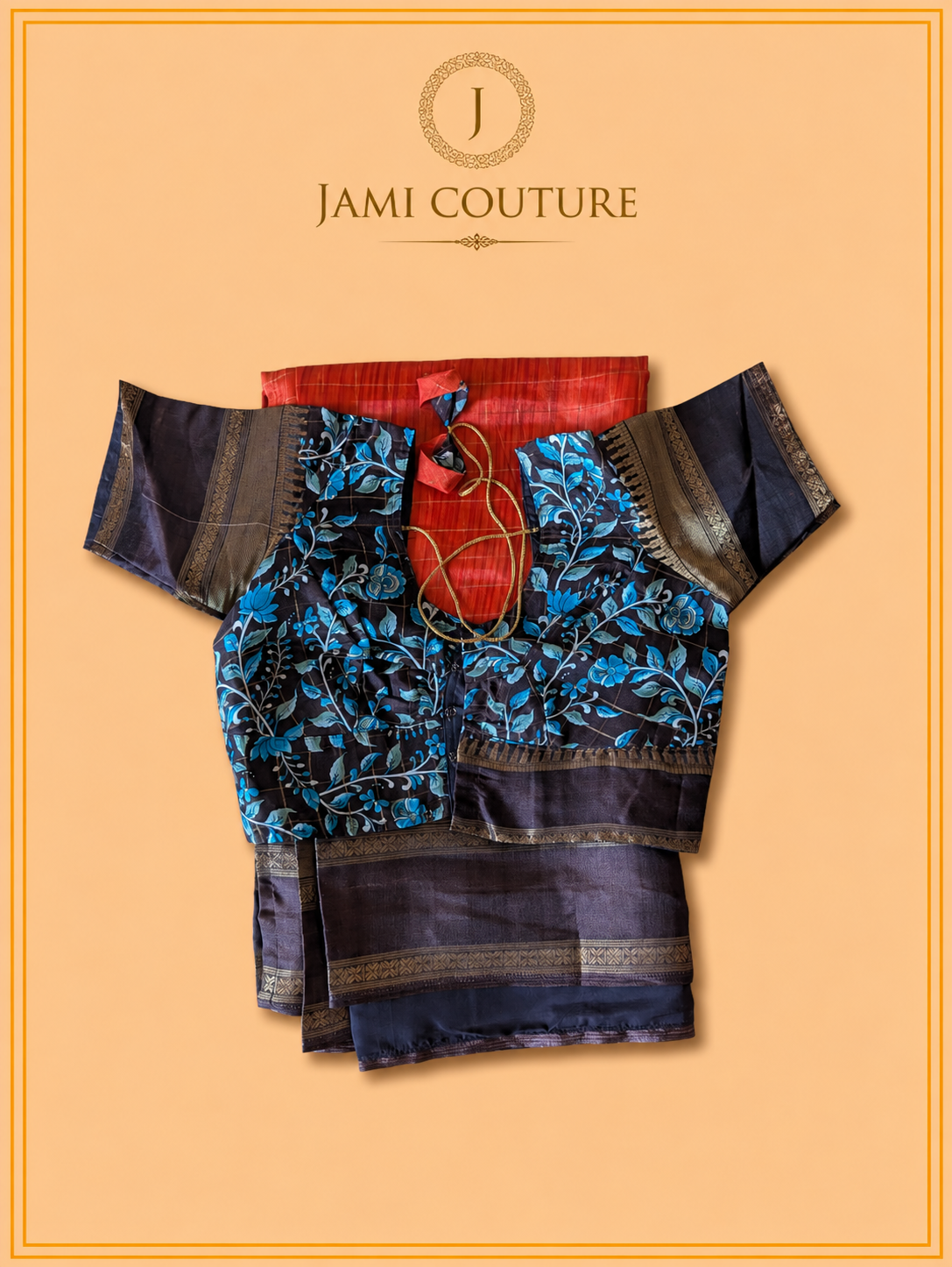 Rust & Dark Brown Handloom Saree with Kalamkari Print Pallu | Dark Brown Floral Blouse