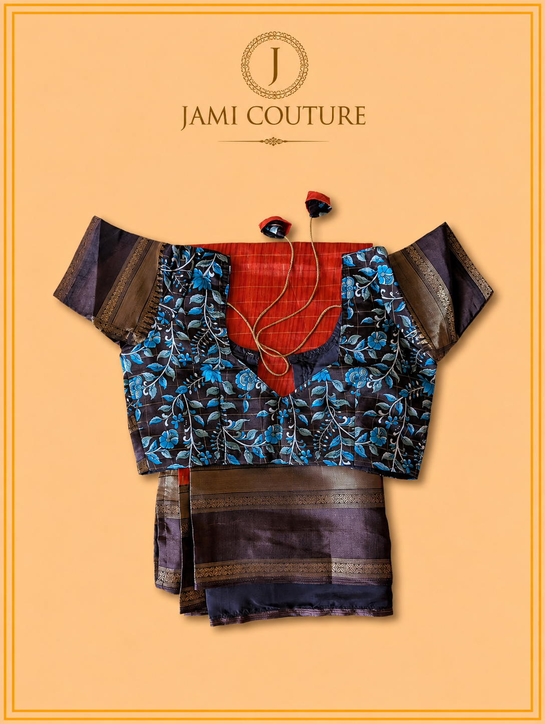 Rust & Dark Brown Handloom Saree with Kalamkari Print Pallu | Dark Brown Floral Blouse