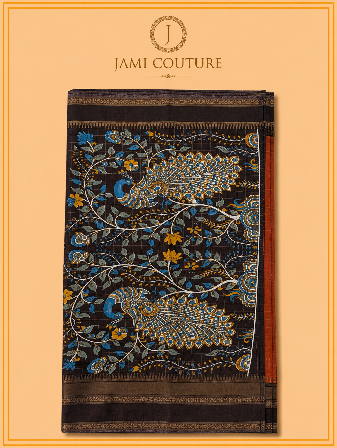 Rust & Dark Brown Handloom Saree with Kalamkari Print Pallu | Dark Brown Floral Blouse