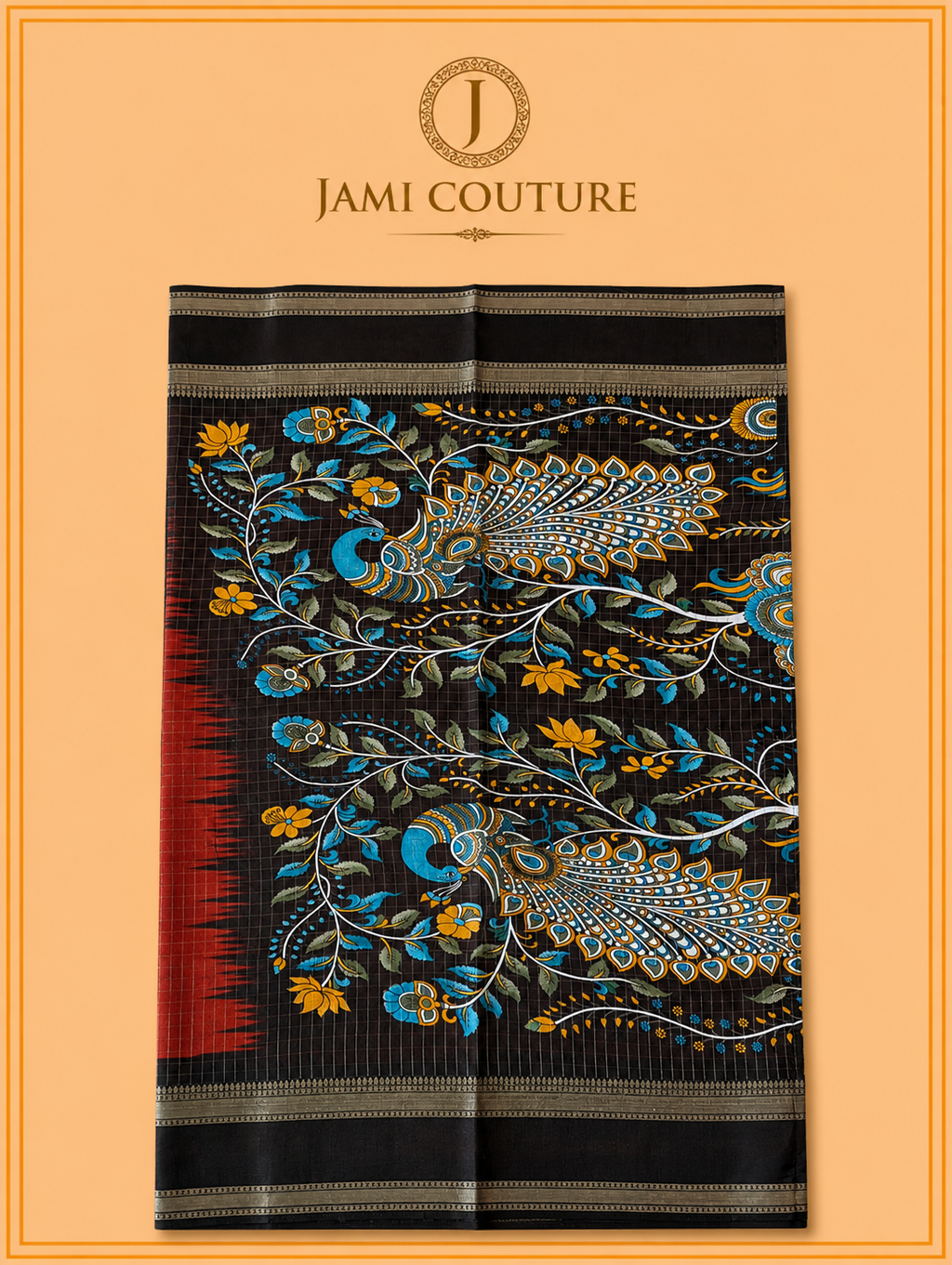 Red & Dark Brown Handloom Saree with Kalamkari Print Pallu | Dark Brown Floral Blouse