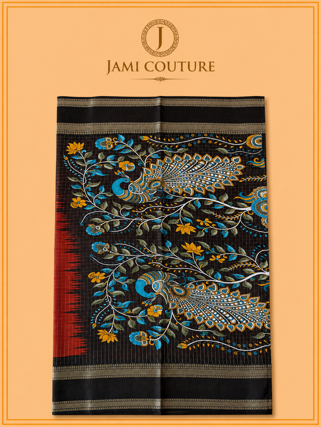 Red & Dark Brown Handloom Saree with Kalamkari Print Pallu | Dark Brown Floral Blouse