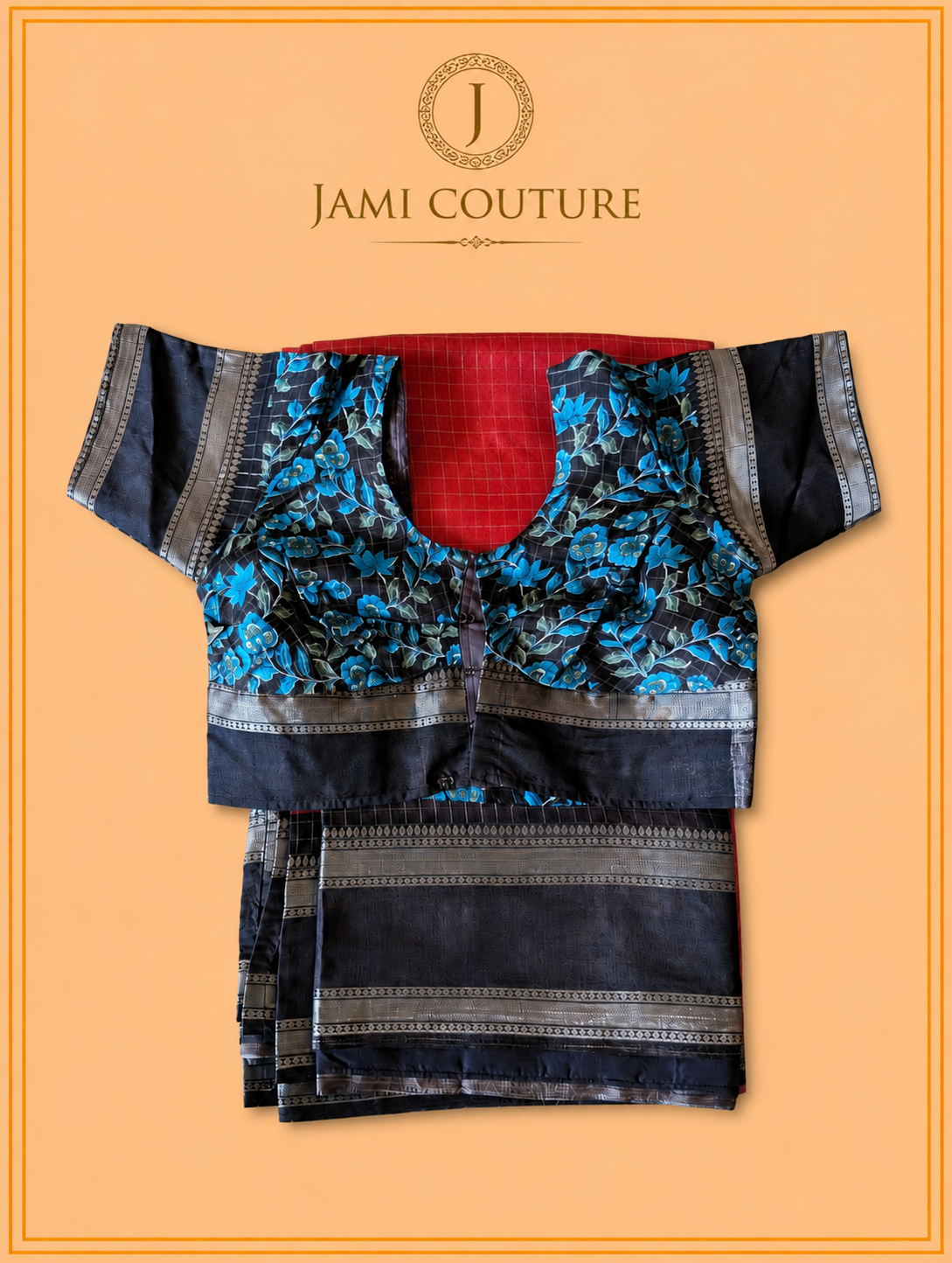 Red & Dark Brown Handloom Saree with Kalamkari Print Pallu | Dark Brown Floral Blouse