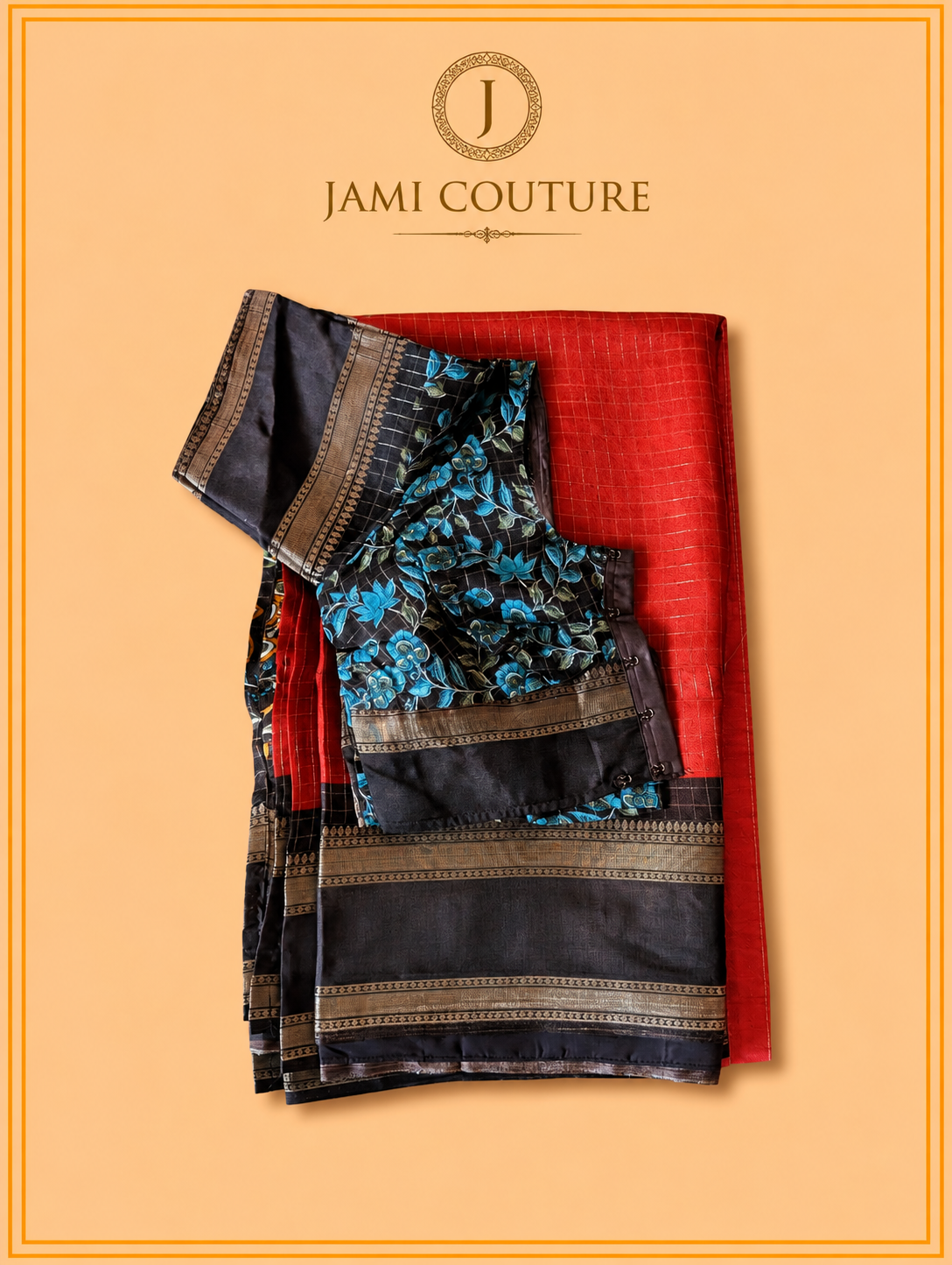 Red & Dark Brown Handloom Saree with Kalamkari Print Pallu | Dark Brown Floral Blouse