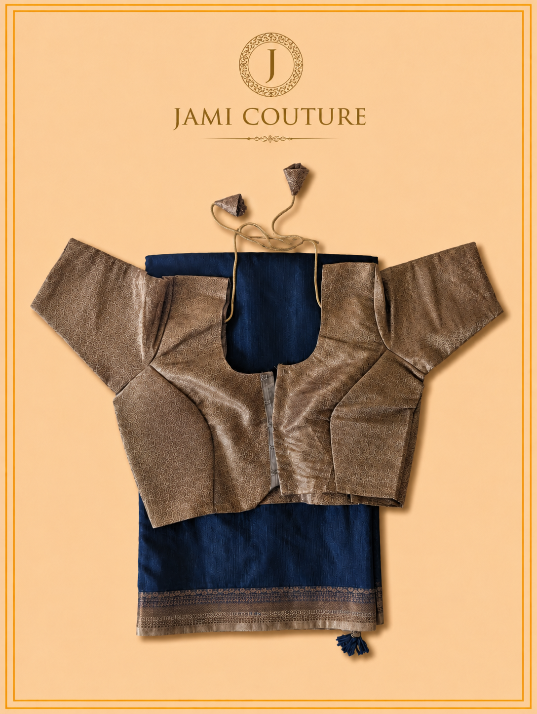 Navy Blue Jute Silk Saree with Woven Gold Border | Antique Gold Printed Blouse
