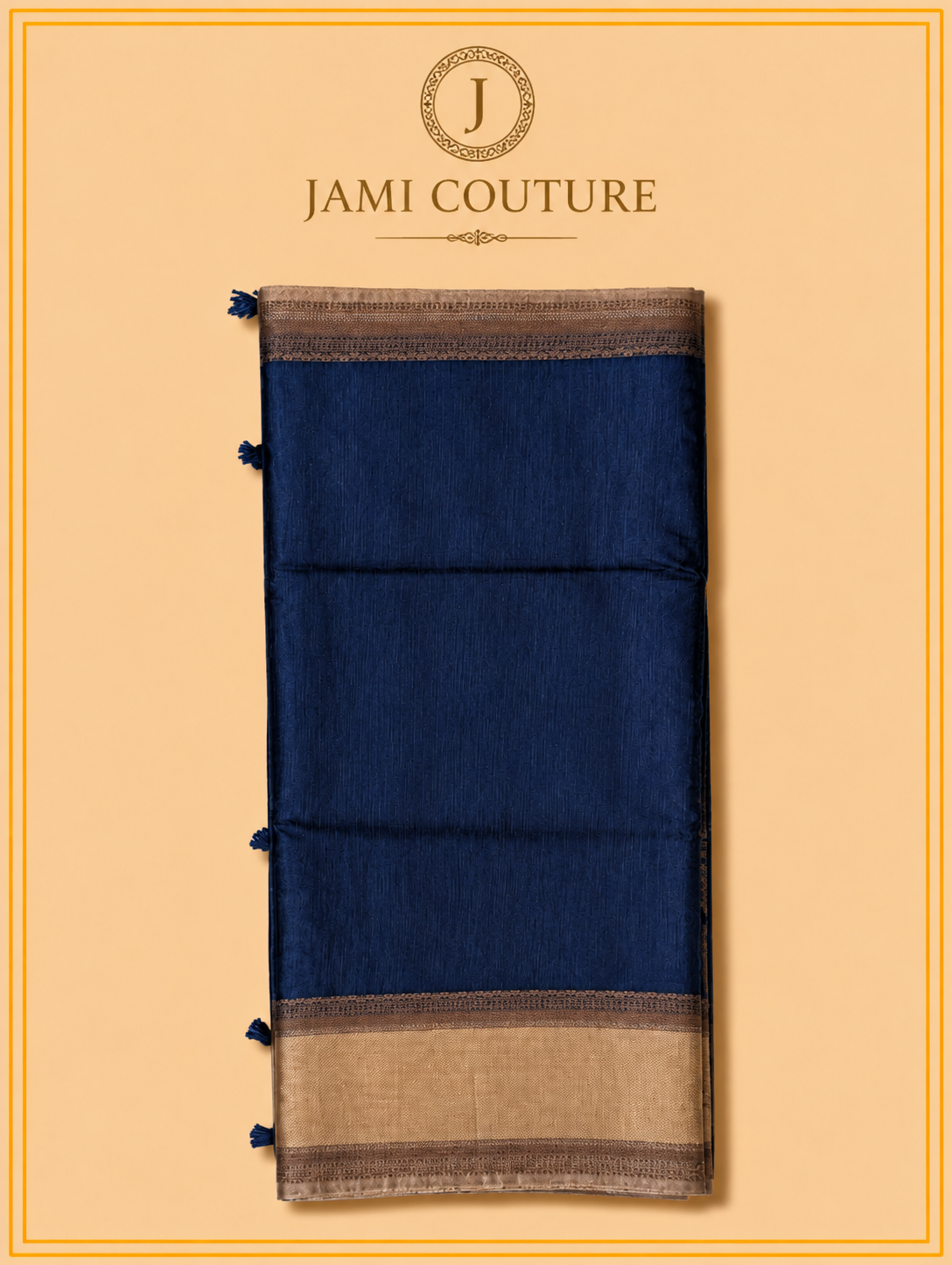 Navy Blue Jute Silk Saree with Woven Gold Border | Antique Gold Printed Blouse