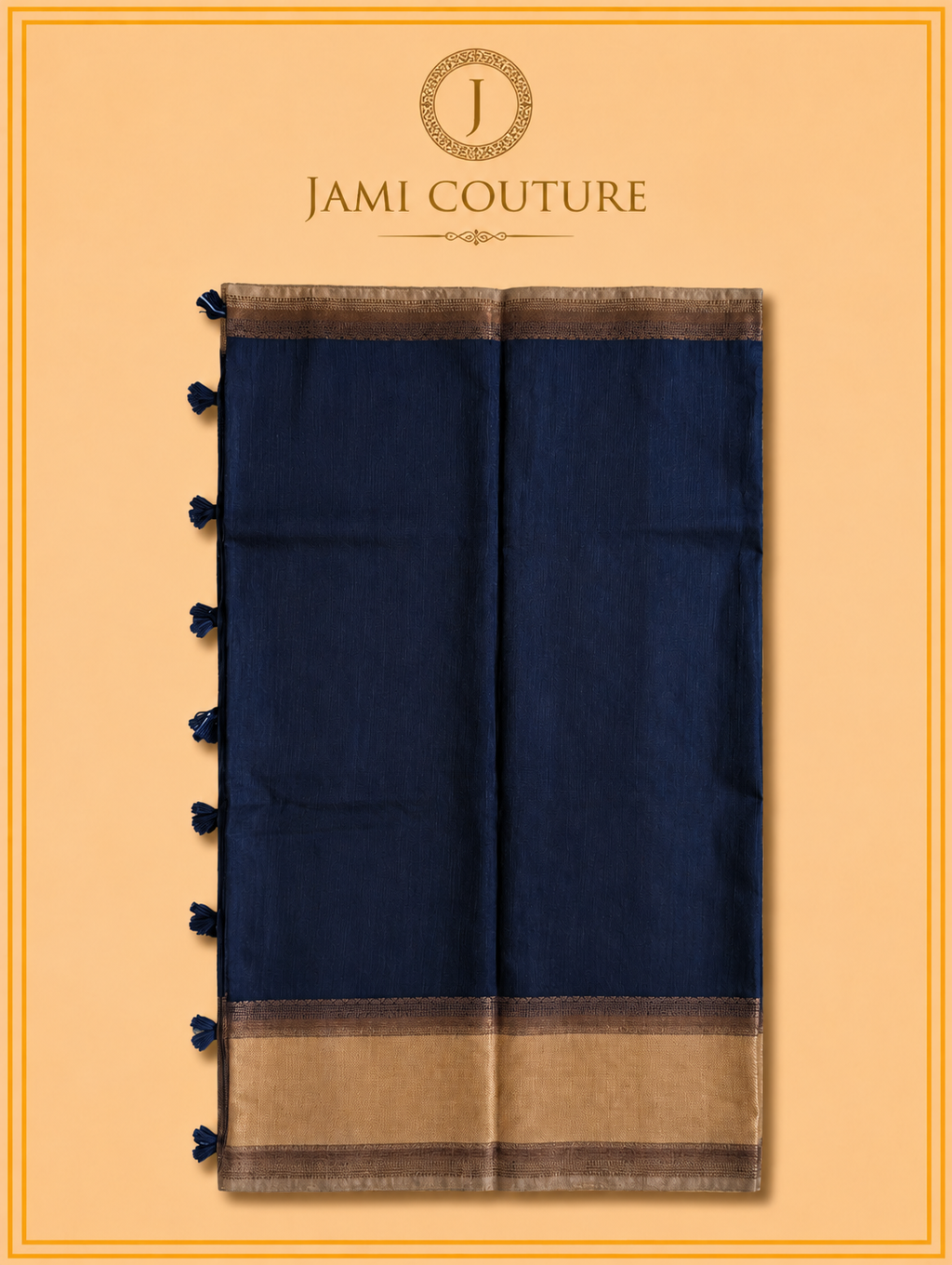 Navy Blue Jute Silk Saree with Woven Gold Border | Antique Gold Printed Blouse