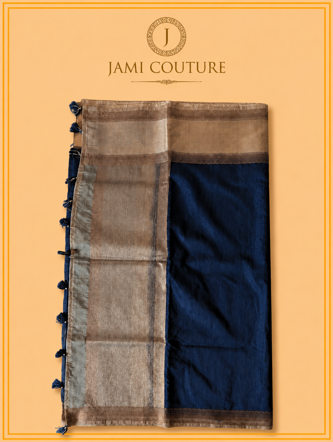 Navy Blue Jute Silk Saree with Woven Gold Border | Antique Gold Printed Blouse