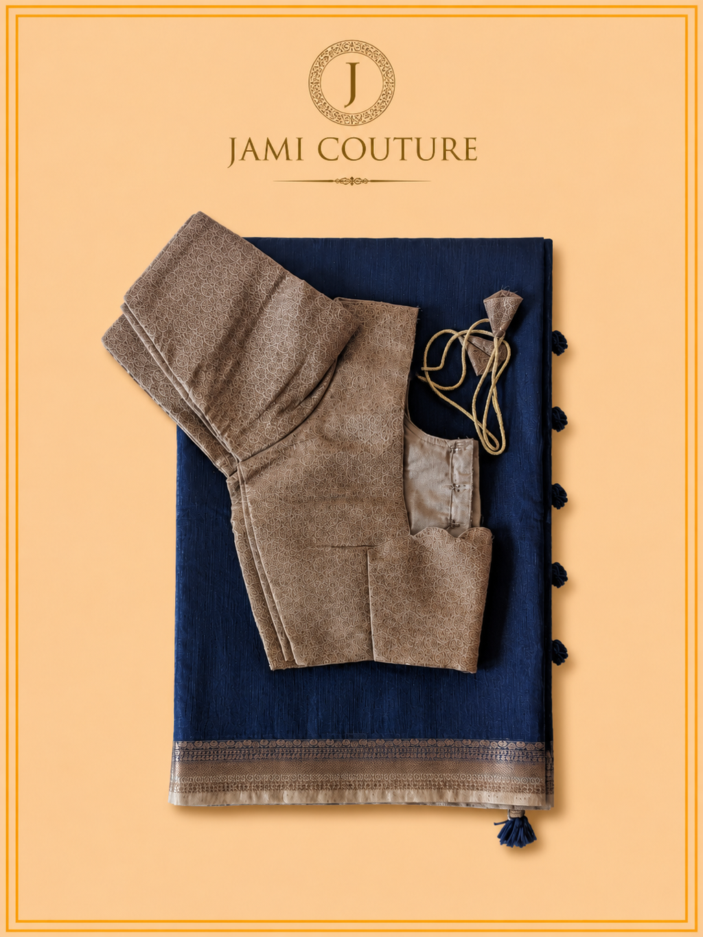 Navy Blue Jute Silk Saree with Woven Gold Border | Antique Gold Printed Blouse