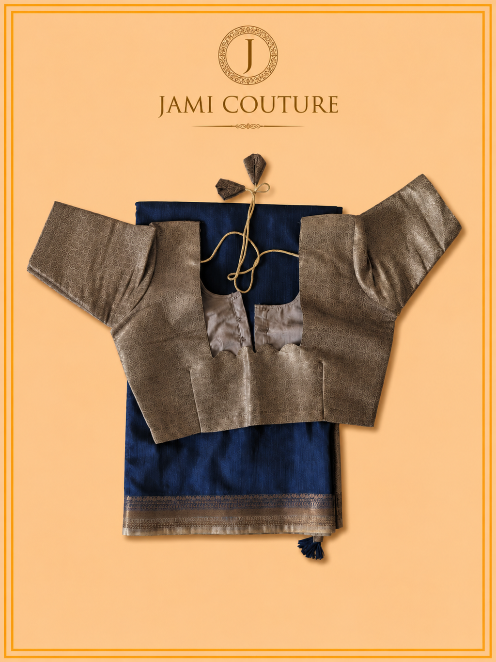 Navy Blue Jute Silk Saree with Woven Gold Border | Antique Gold Printed Blouse