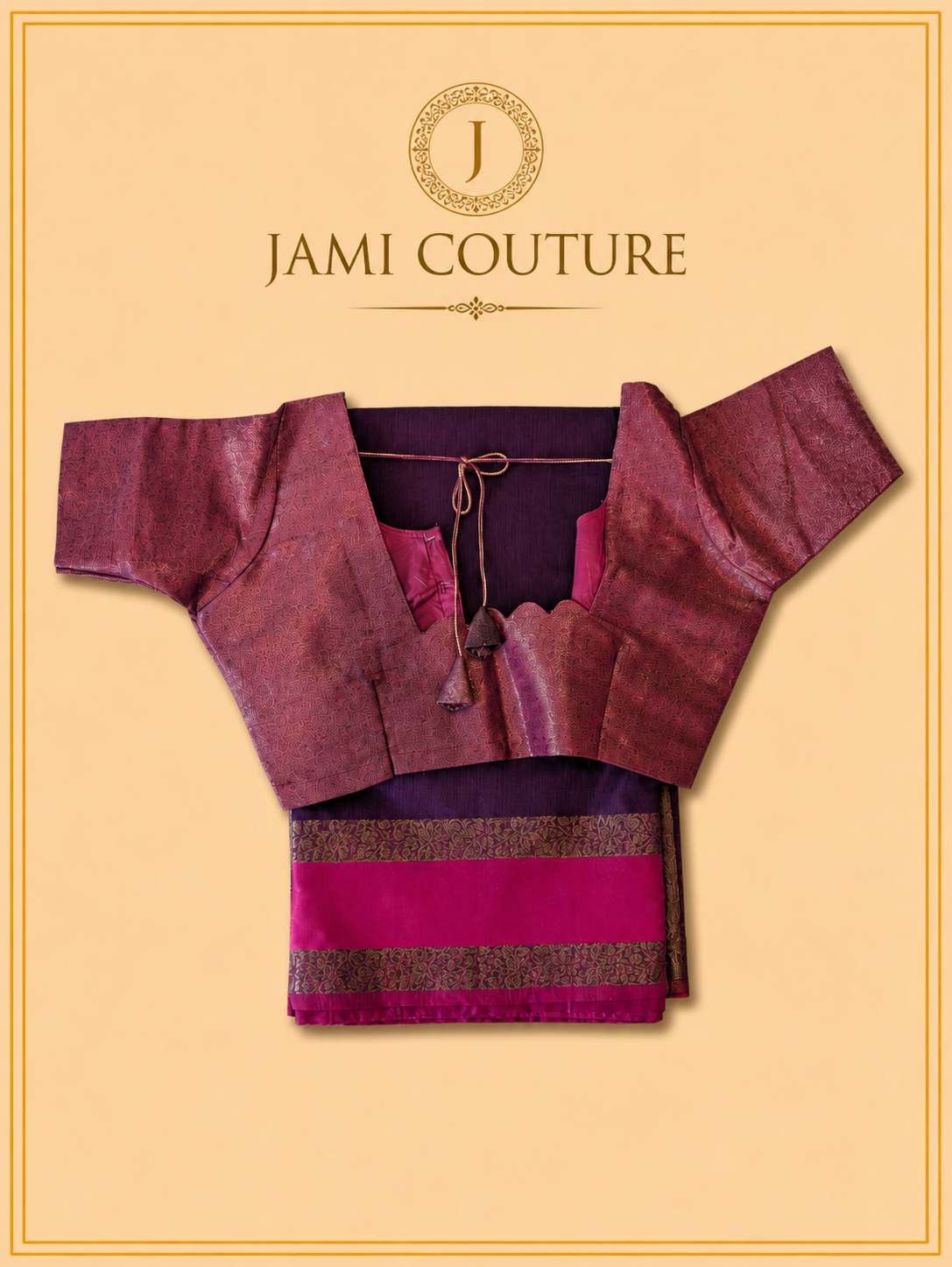 Purple Jute Silk Saree with Woven Gold Border | Antique Rose Printed Blouse