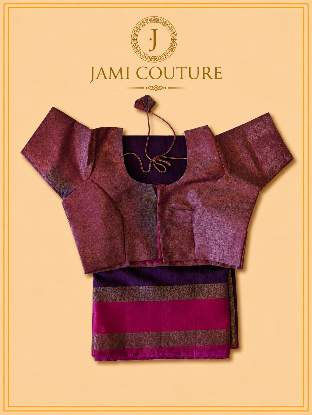 Purple Jute Silk Saree with Woven Gold Border | Antique Rose Printed Blouse