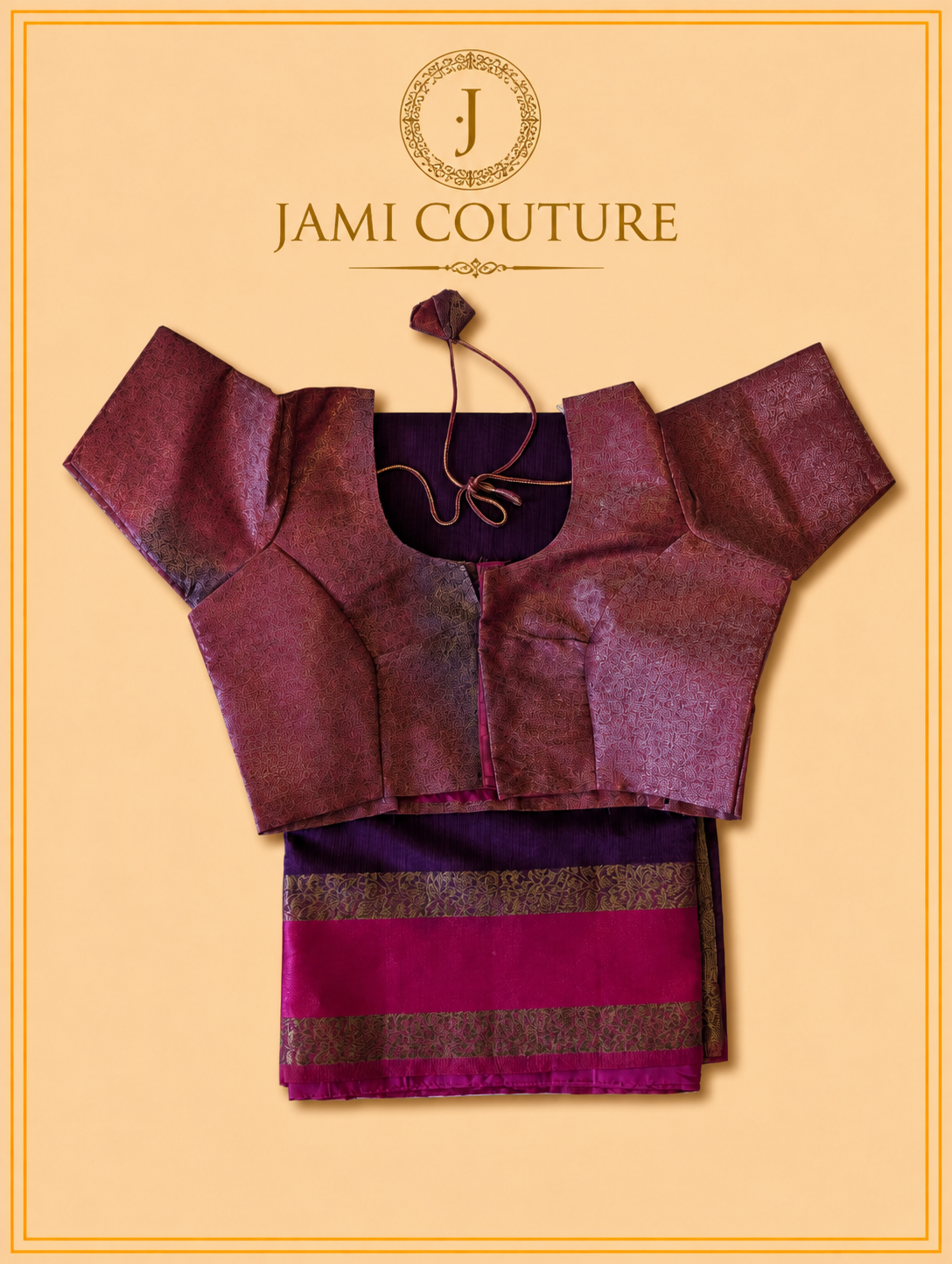 Purple Jute Silk Saree with Woven Gold Border | Antique Rose Printed Blouse
