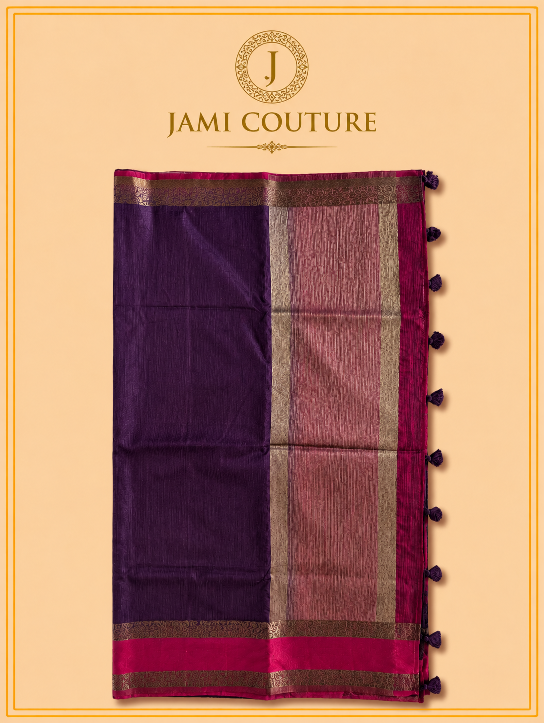 Purple Jute Silk Saree with Woven Gold Border | Antique Rose Printed Blouse