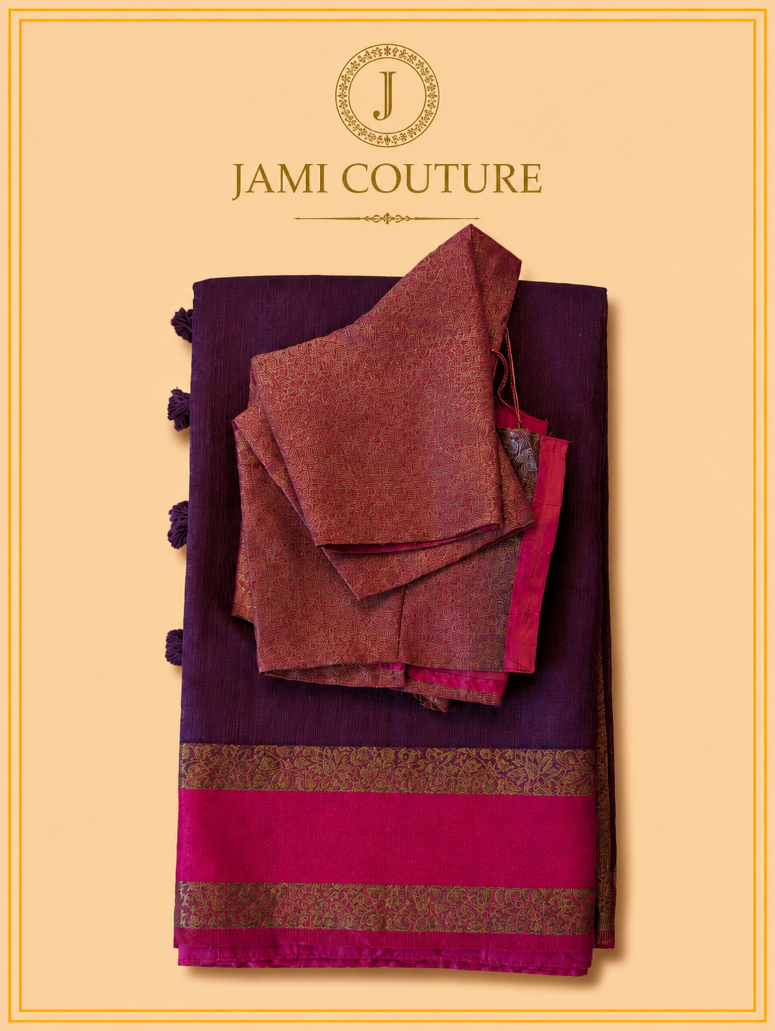 Purple Jute Silk Saree with Woven Gold Border | Antique Rose Printed Blouse