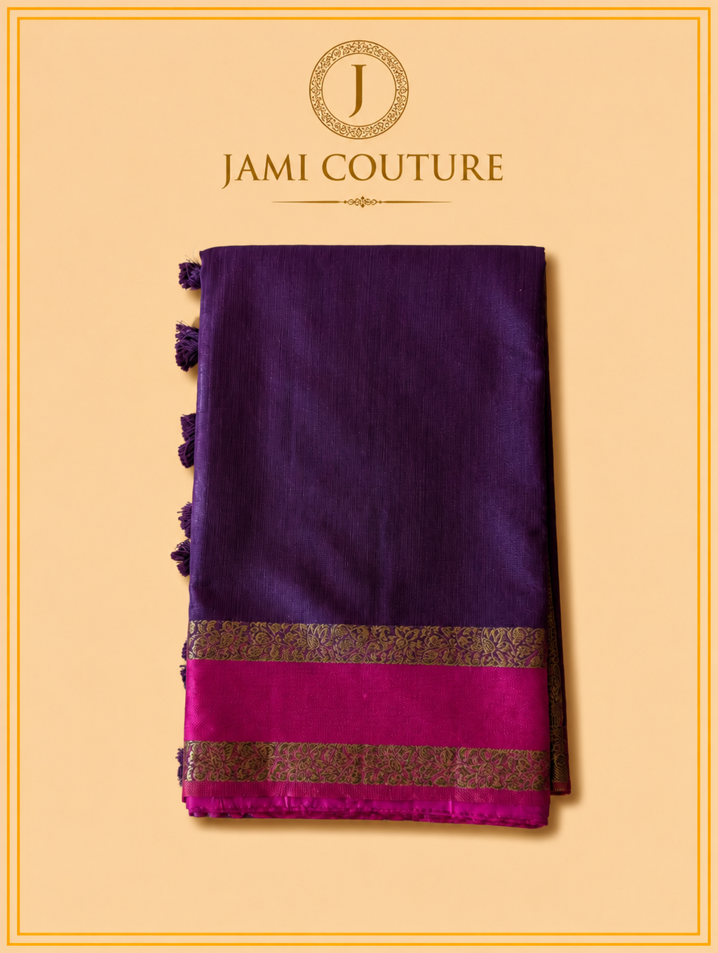 Purple Jute Silk Saree with Woven Gold Border | Antique Rose Printed Blouse