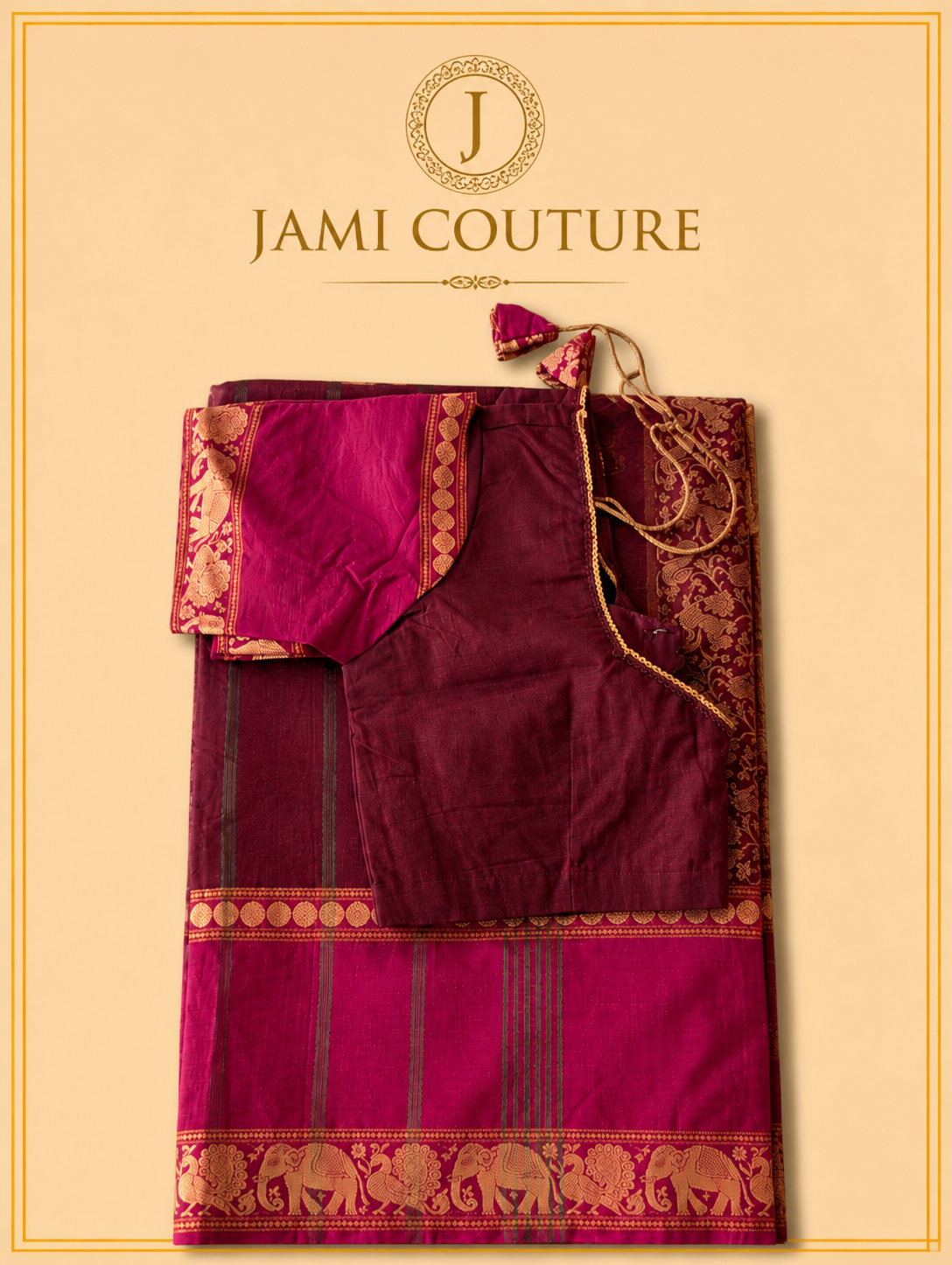 Vana Soundaryam – Wine Maroon Silk Cotton Saree with Elephant & Peacock Motif Border | Contrast Pink Blouse