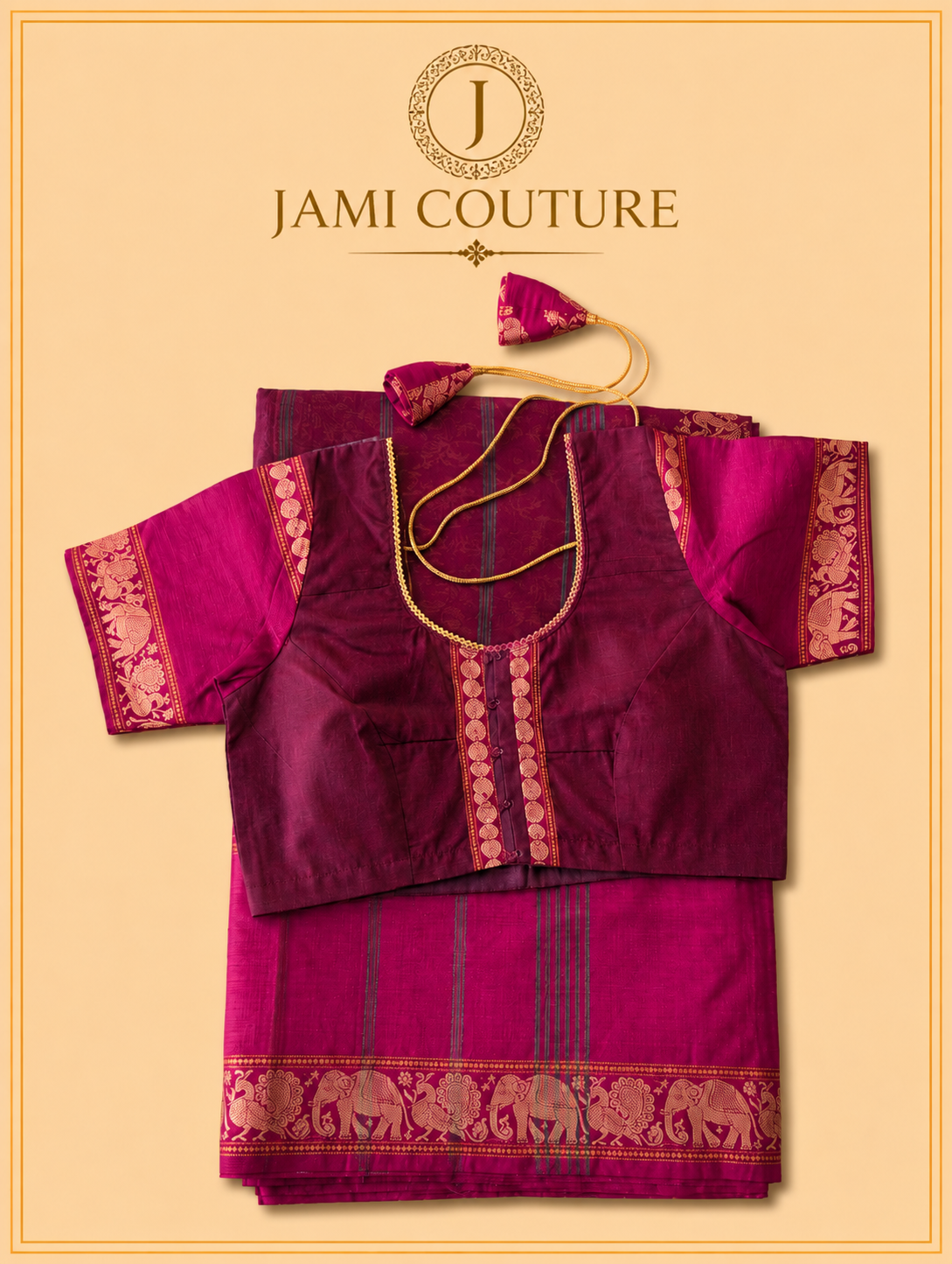 Vana Soundaryam – Wine Maroon Silk Cotton Saree with Elephant & Peacock Motif Border | Contrast Pink Blouse