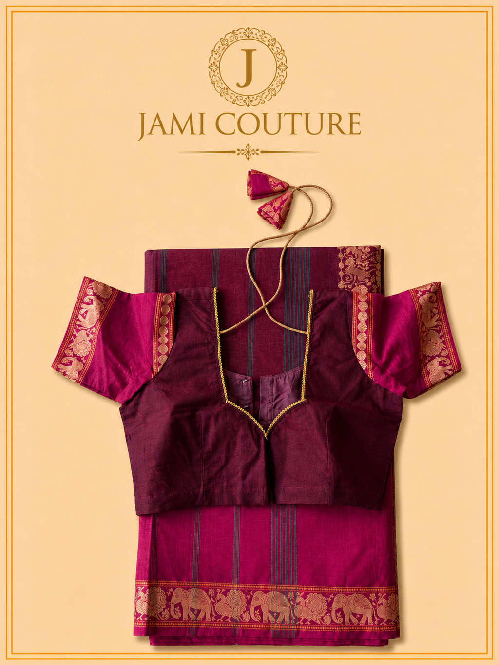 Vana Soundaryam – Wine Maroon Silk Cotton Saree with Elephant & Peacock Motif Border | Contrast Pink Blouse