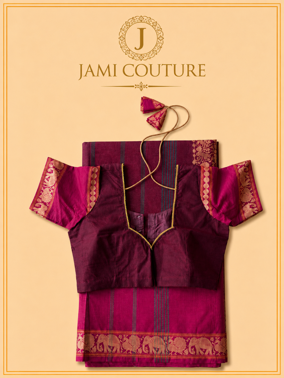 Vana Soundaryam – Wine Maroon Silk Cotton Saree with Elephant & Peacock Motif Border | Contrast Pink Blouse