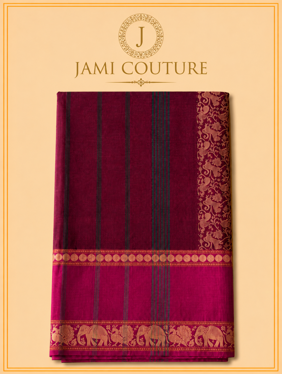 Vana Soundaryam – Wine Maroon Silk Cotton Saree with Elephant & Peacock Motif Border | Contrast Pink Blouse