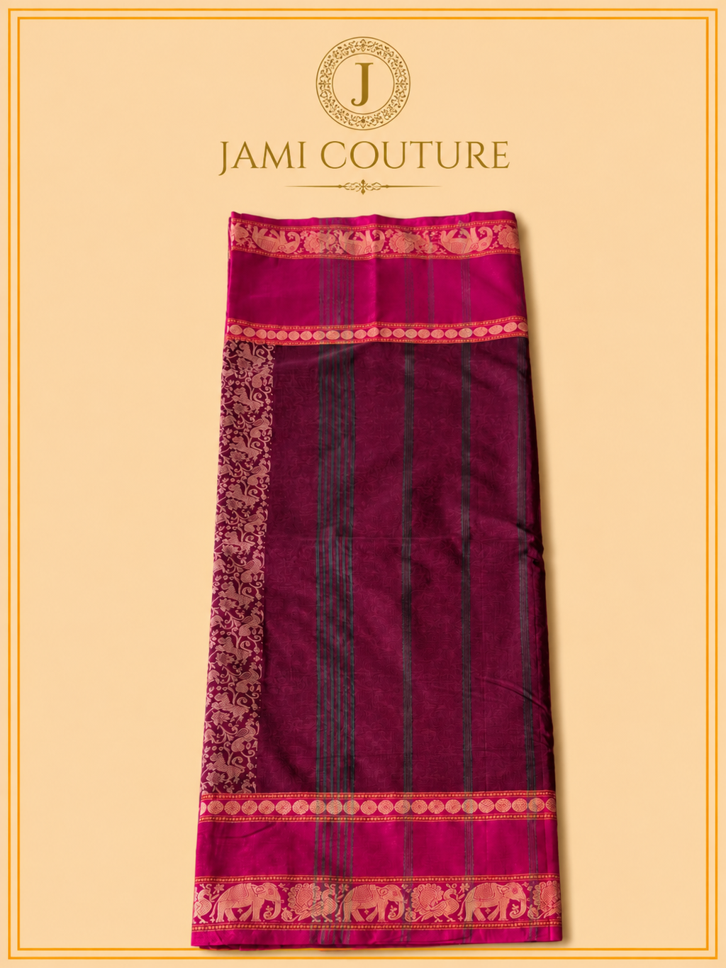 Vana Soundaryam – Wine Maroon Silk Cotton Saree with Elephant & Peacock Motif Border | Contrast Pink Blouse