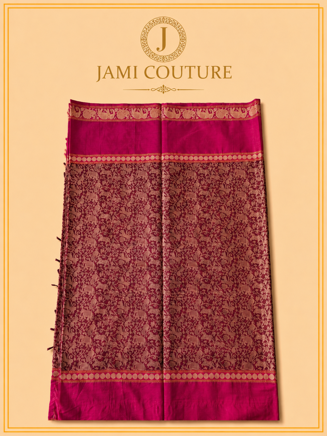 Vana Soundaryam – Wine Maroon Silk Cotton Saree with Elephant & Peacock Motif Border | Contrast Pink Blouse