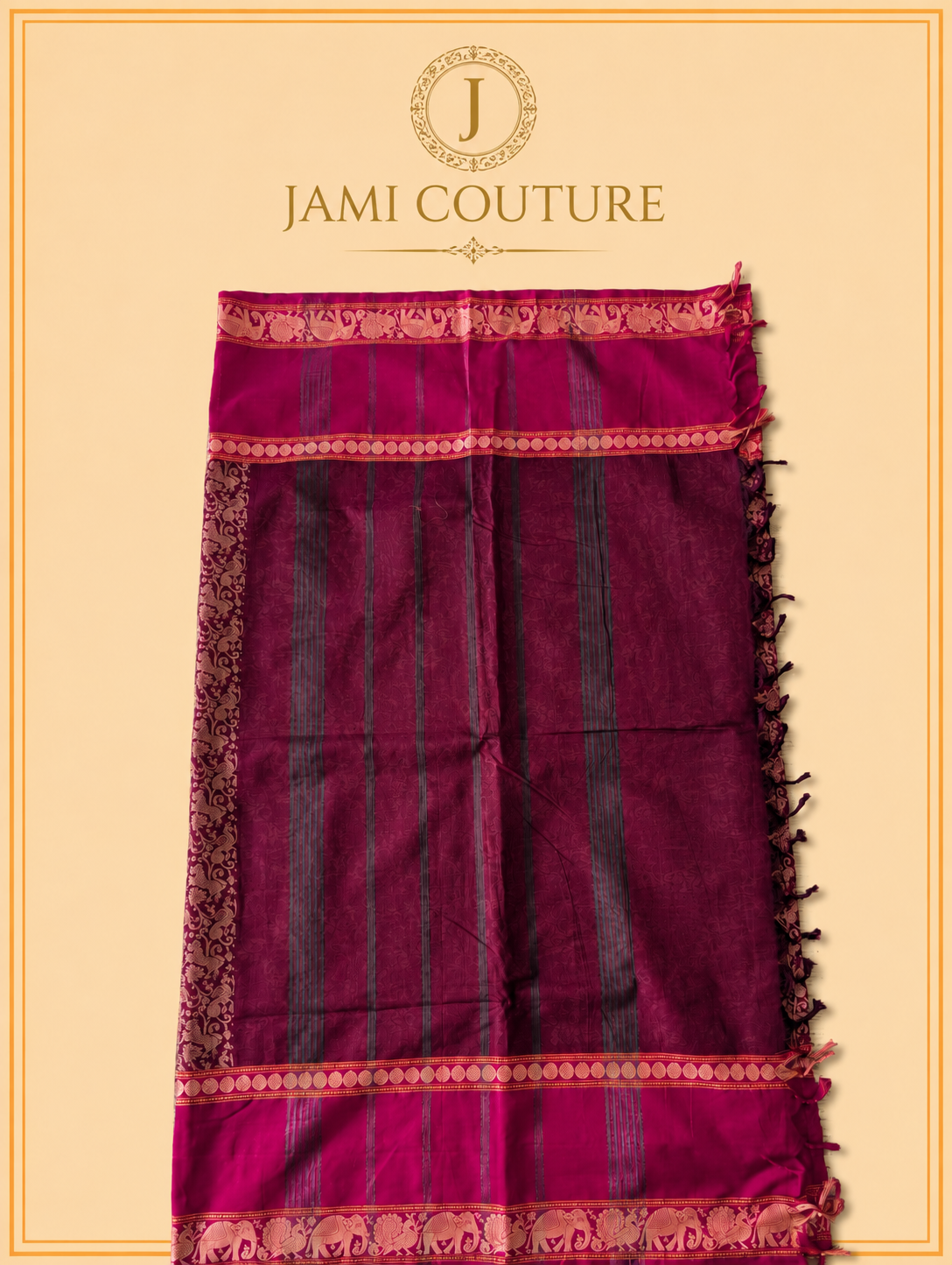 Vana Soundaryam – Wine Maroon Silk Cotton Saree with Elephant & Peacock Motif Border | Contrast Pink Blouse