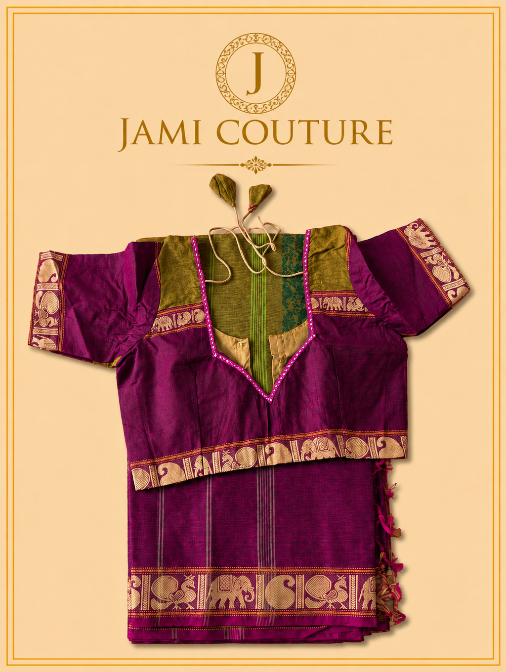 Vana Soundaryam – Olive & Wine Dual-Tone Silk Cotton Saree with Elephant Motif Border | Contrast Purple Blouse