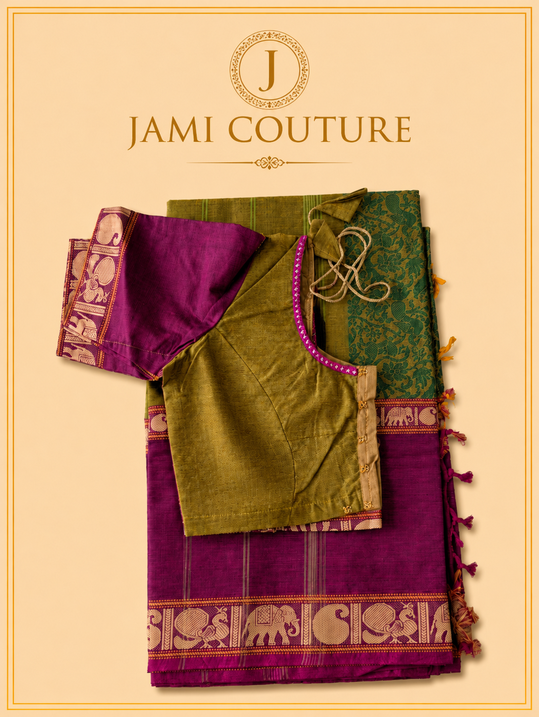 Vana Soundaryam – Olive & Wine Dual-Tone Silk Cotton Saree with Elephant Motif Border | Contrast Purple Blouse