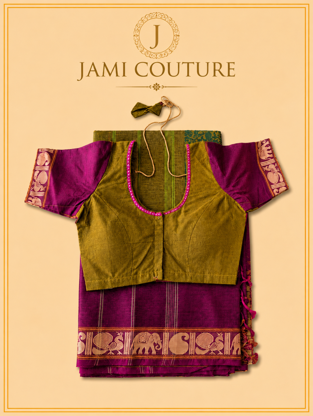 Vana Soundaryam – Olive & Wine Dual-Tone Silk Cotton Saree with Elephant Motif Border | Contrast Purple Blouse