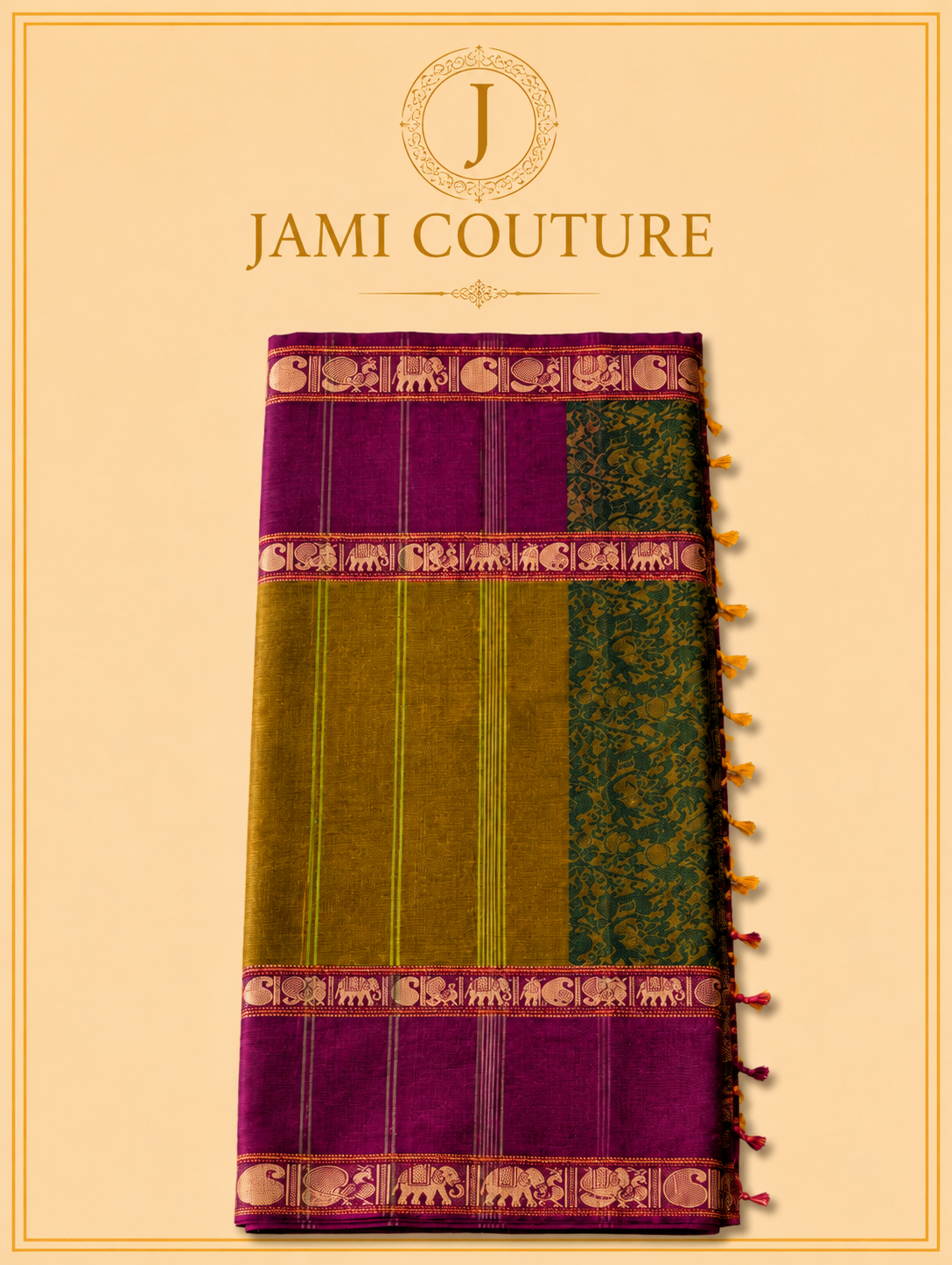 Vana Soundaryam – Olive & Wine Dual-Tone Silk Cotton Saree with Elephant Motif Border | Contrast Purple Blouse