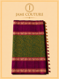 Vana Soundaryam – Olive & Wine Dual-Tone Silk Cotton Saree with Elephant Motif Border | Contrast Purple Blouse